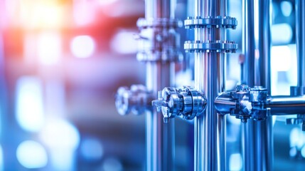 Stainless steel pipes, valves, factory, industrial process, background blur