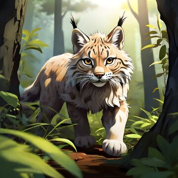 Cartoon Illustration drawing of a lynx walking in the forest