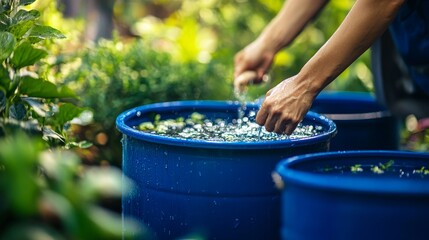 Person Using Blue Barrels to Store Rainwater for Sustainable Gardening