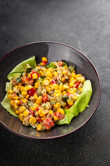 Corn salad vegetables fresh tasty food dish gourmet food background on the table rustic food top view copy space keto and paleo diet Vegetarian and vegan food