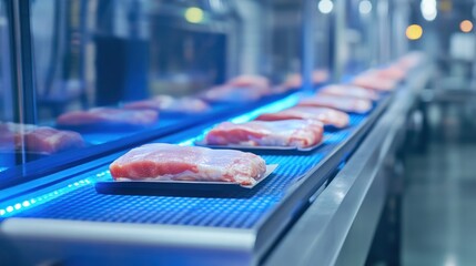 Factory meat conveyor belt, pork processing, UV light sanitation