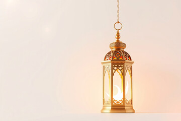 Obraz premium Traditional Ramadan Lantern Casting Warm Light with Crescent Moon Design