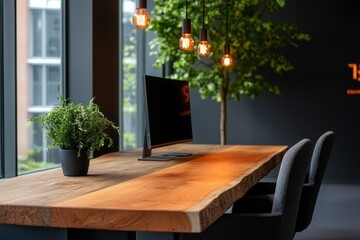Fototapeta premium Modern office workspace with live edge desk and computer
