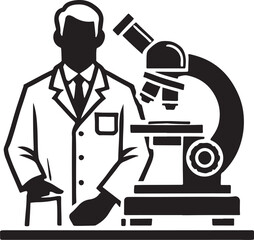 Silhouette of a lab technician standing next to a microscope. Minimalist vector EPS design symbolizing scientific research, medical testing, and laboratory analysis.