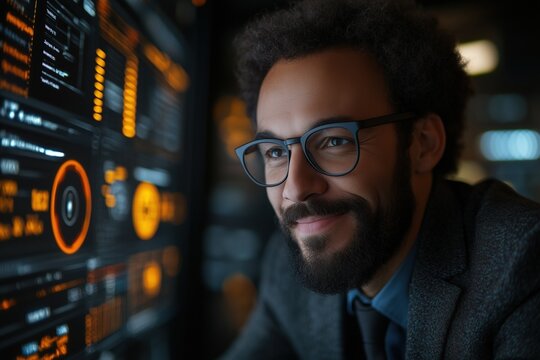 Man interacts with artificial intelligence interface on digital screen.