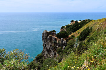 Aerial view to Nazare, Portugal and surrounding areas with stunning seascape of Atlantic ocean