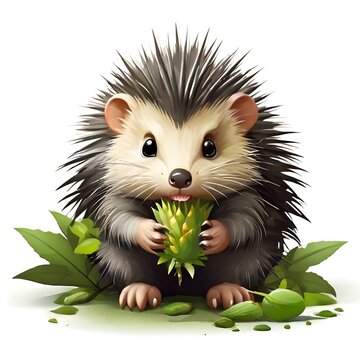 Porcupine animated character siitting on leaves eating a fruit against a white background