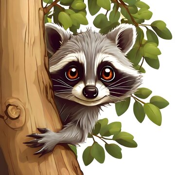 Drawing of a raccoon with big eyes holding onto a tree, white background