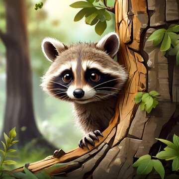 Illustration of a raccoon behind a tree trunk in the woods