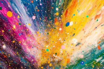 Vivid explosion of colorful paint splatters on canvas