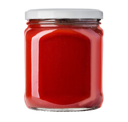 Glass jar filled with red tomato sauce or ketchup on white background