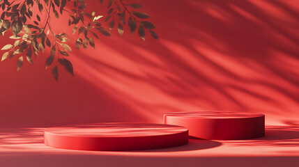 Red Cylindrical Platforms with Golden Leaves and Shadow