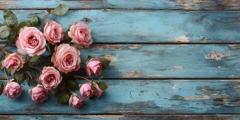 Fototapeta premium A bouquet of pink roses arranged on a rustic blue wooden background. Perfect for romantic or vintage themes.