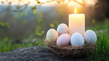 Obraz premium peaceful Easter morning scene with lit candle and colorful eggs
