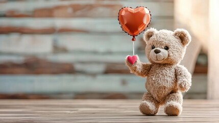Obraz premium Minimal teddy bear holding a tiny heart-shaped balloon, cute and romantic, Valentine?