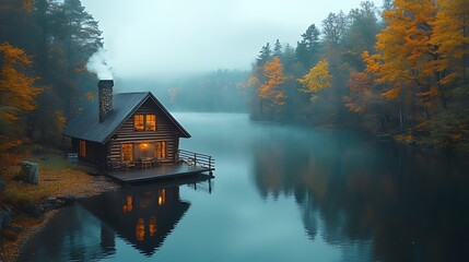 Fototapeta premium Cozy cabin on tranquil lake in autumn fog.