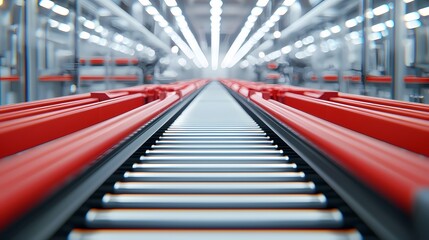 Fototapeta premium A close-up view of a conveyor belt in a modern warehouse, showcasing red tracks and bright lighting in an industrial setting.