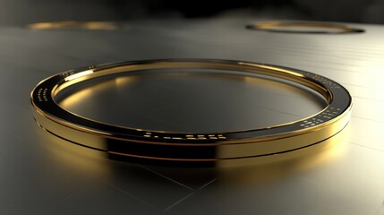 Golden ring, futuristic design, metallic surface, blurred background, technology concept