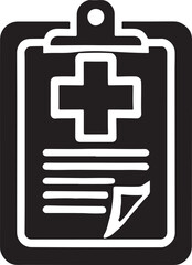 Silhouette of a medical research clipboard with a checklist. Minimalist vector EPS design symbolizing healthcare studies, patient records, clinical trials, and medical documentation.