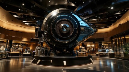 Fototapeta premium Giant roaster, coffee museum, display, brewing, interior, industrial, shiny, metal, technology, background