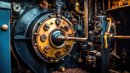 Fototapeta premium Industrial coffee roaster interior, close-up, beans below, factory setting