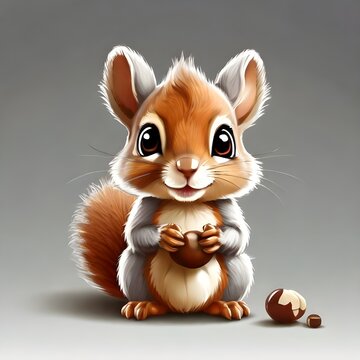 Isolated cartoon illustration of a squirrel holding a nut against a gray white background
