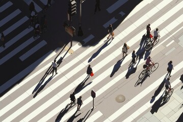 Obraz premium Urban Crosswalk Scene Pedestrians Cyclists Shadows