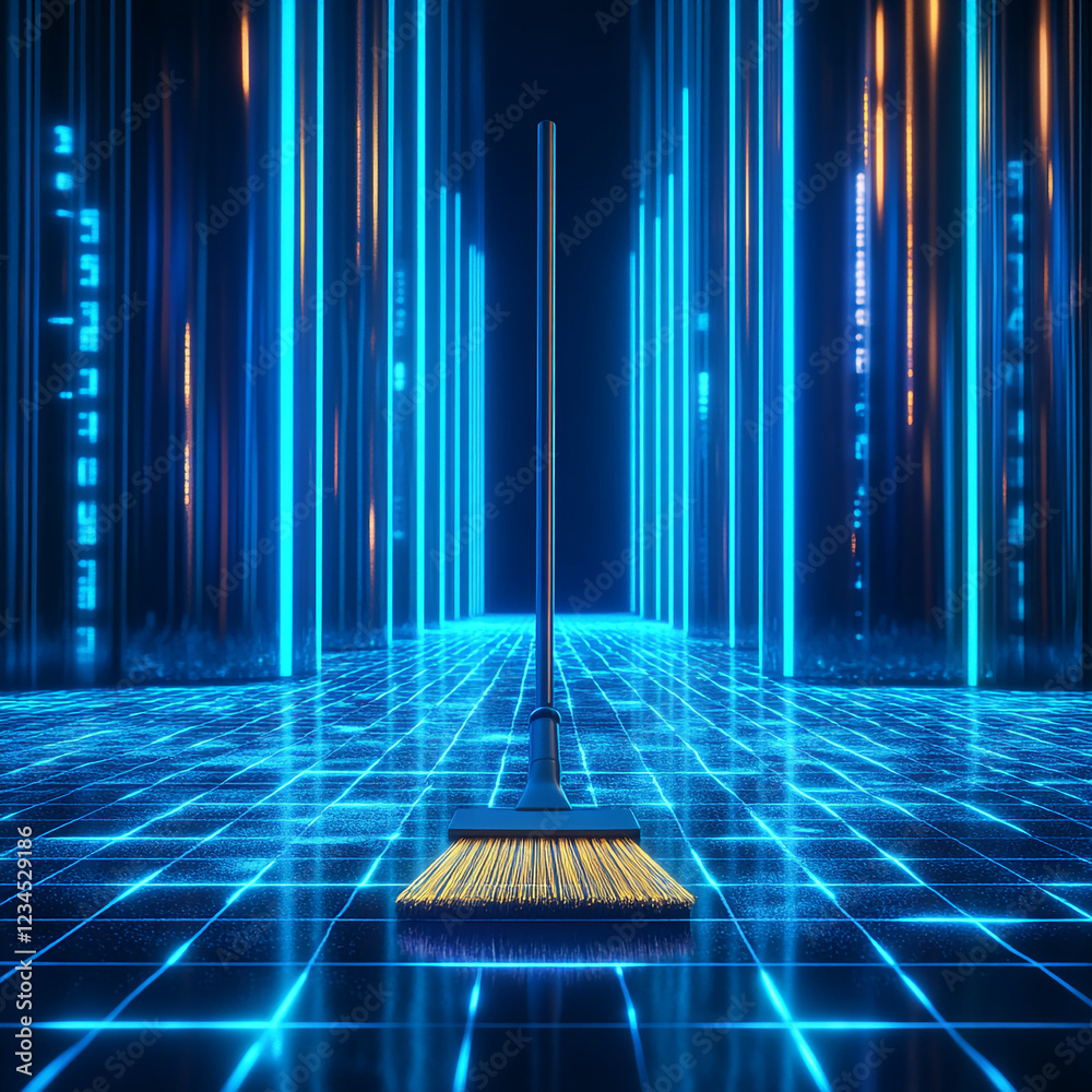 Poster a broom sweeping digital data and glowing light patterns on the floor of a futuristic data center, s
