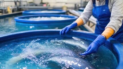 Worker inspecting salmon in indoor aquaculture tanks