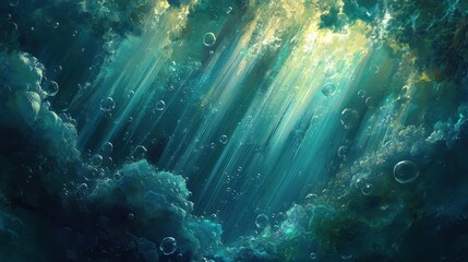 Obraz premium A dramatic underwater perspective showing rays of sunlight and the bubbly ascent of air pockets, creating a dynamic depth scene.