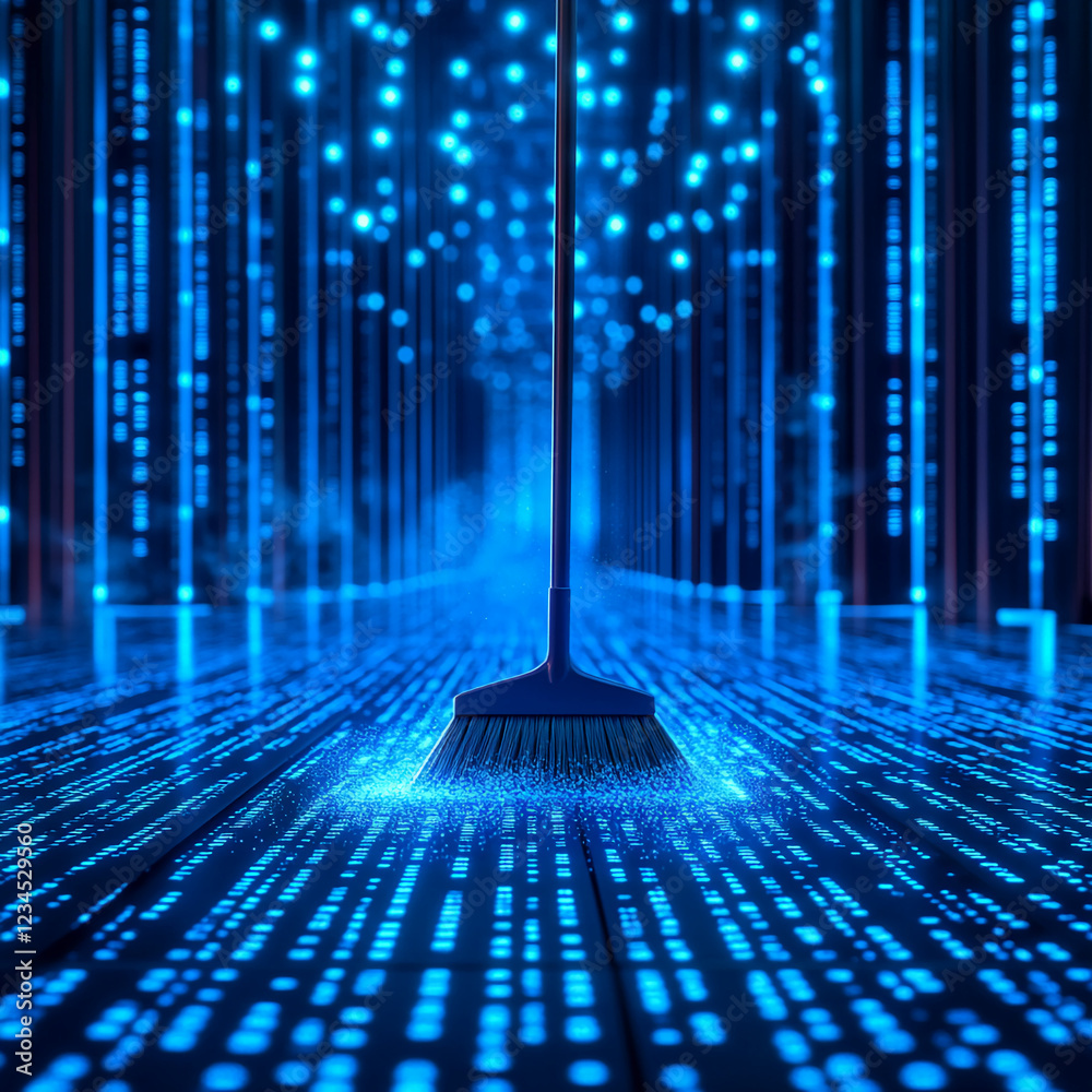 Poster a broom sweeping through glowing digital data in a futuristic server room, representing cleaning, ma