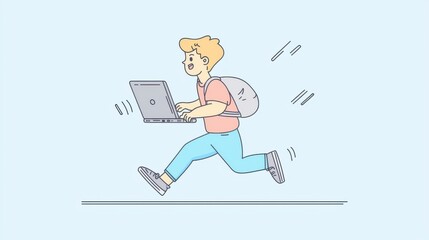 Entrepreneurial hustle, person running while carrying a laptop, dynamic business concept, cute minimalist