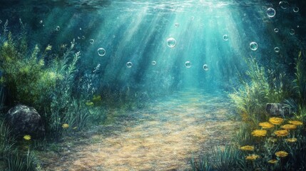 A peaceful, dreamy underwater scene with sunlight rays casting beams through the water and air bubbles floating lazily upward.