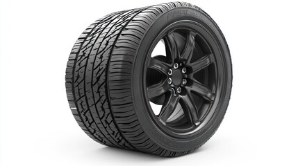 Black Car Tire and Wheel Isolated on White Background