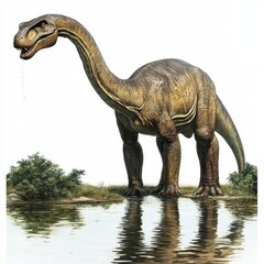 Fototapeta premium Majestic Dinosaur Standing Near Tranquil Water, Showcasing Natural Environment with Lush Greenery and Reflection