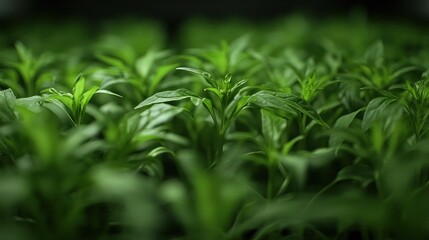 Obraz premium Indoor vertical farm, lush green seedlings growing under lights, agriculture technology