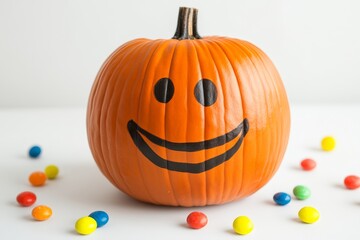 Smiling Pumpkin Decoration Surrounded by Colorful Candy Treats