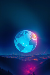 Earth Hour Poster Design – Modern Gradient Background with Glowing Earth, City Lights Dimming, and Renewable Energy Icons (4K)