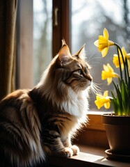 a cat and a pot of flowers on the windowsill