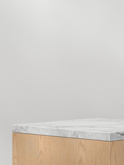 Minimal wooden pedestal with Marble Top, Space for product presentation display. 3D illustration