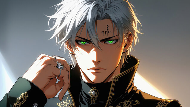 Handsome Anime Warrior with Silver Hair & Golden Embroidery