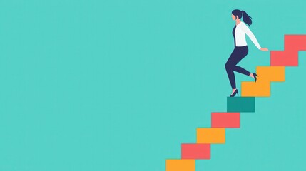 Businesswoman climbing a staircase made of bar graphs, career growth, minimalist