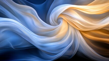 Obraz premium Ethereal Flowing Fabric in Shades of Blue, White, and Gold with Soft Drapery Texture for Abstract Backgrounds and Designs