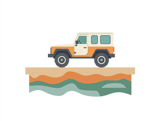 A stylized illustration of an off-road vehicle on a pier above water with a simple, colorful design.
