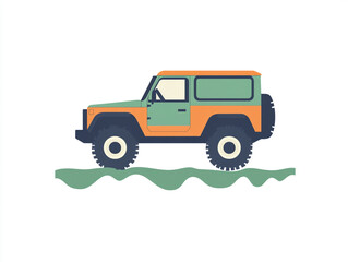 Fototapeta premium A stylized illustration of an off-road vehicle on a pier above water with a simple, colorful design.