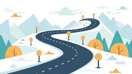 Business roadmap, winding path with milestones and success markers, strategic planning, minimalist