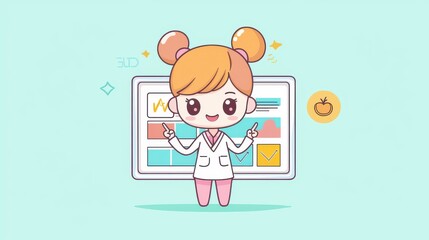 Business presentation, kawaii professional explaining data on a screen,