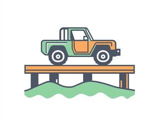 A stylized illustration of an off-road vehicle on a pier above water with a simple, colorful design.