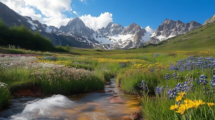 Obraz premium Vibrant wildflowers bloom beside a cascading stream, with majestic snow-capped mountains in the background under a blue sky.