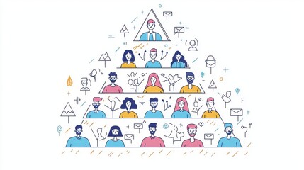 Business hierarchy, pyramid with team members on different levels, organizational structure, cute simple line